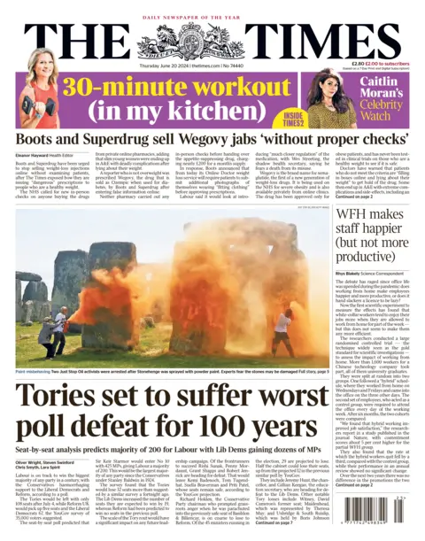 The Times The front page of the Times, whose headline reads "Tories set to suffer worst poll defeat for 100 years"