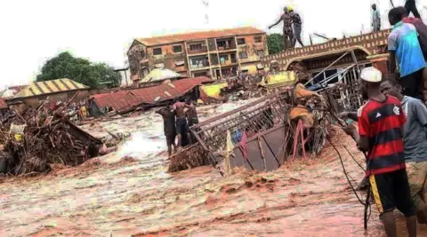Heavily flooded area and debris in Mokwa, Nigeria