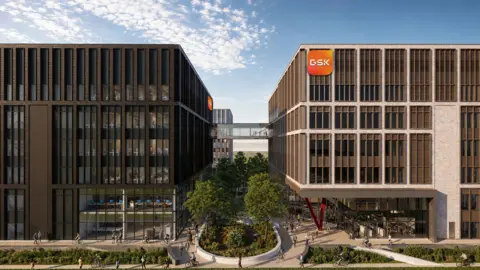 Prologis/Scott Brownrigg An artists impression showing two seven storey buildings connected by a glazed bridge. There are trees and shrubs at the front