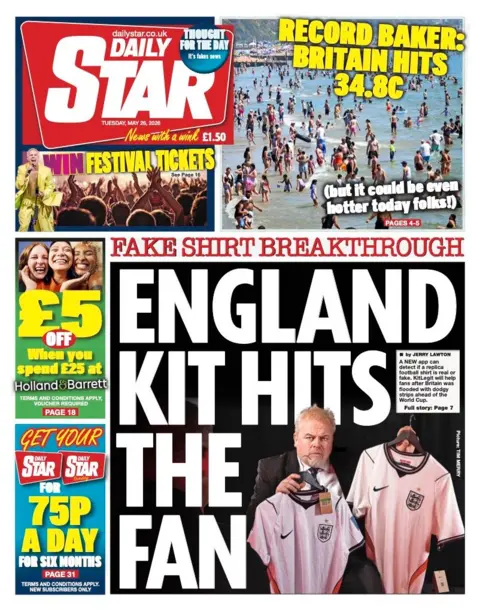 "England kit hits the fan" reads the headline on the front page of the Daily Star.