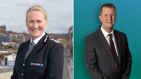A woman with tied back blonde hair is smiling while while wearing her chief constable's uniform, with Liverpool seen in the background. On the right of this composite image, a man with short brown hair and wearing a grey suit, white shirt and burgundy tie is smiling.