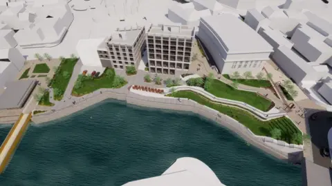 Rotherham Metropolitan Borough Council Computer-generated overhead view of proposed works showing gardens and buildings with a river in the foreground
