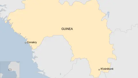 BBC Map showing Guinea's capital city, Conakry, and the city of N'zérékoré