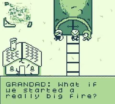 GnomeKing Games A screencapture of a game with a 2D pixel art style. The capture contains a house with cracks in it, a sma;ll path leading to a bunker and three characters standing outisde of it. The text on the screen reads dialogue from a character called Grandad who said "What if we started a really big fire?"
