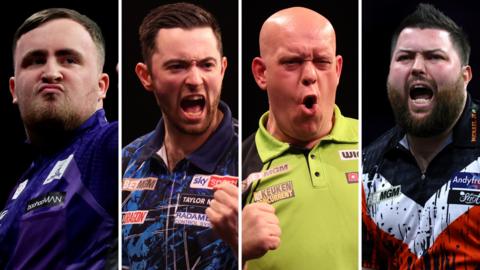 Left to right: A split graphic of the Premier League Darts play-off players - Luke Littler, Luke Humphries, Michael van Gerwen and Michael Smith