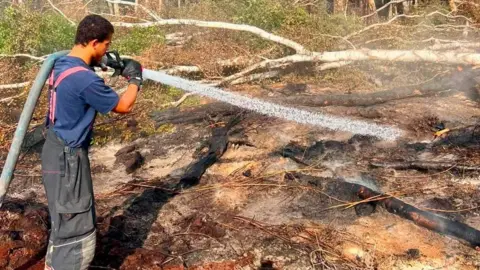 Peterborough Volunteer Fire Brigade Tyrell Cambridge is standing on the left in woodland which has been burnt by a fire. He is wearing a navy T-shirt and grey overalls, and is holding a grey hose over his left shoulder and pointing it at the ground.