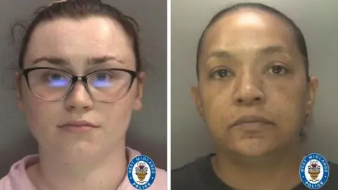 West Midlands Police A composite of two mugshots: on the left, Bethany Donohoe, a woman with brown hair tied back who is wearing black glasses and a pink jumper; on the right, Faye Gowdy, who also has her hair tied back and is wearing a black top