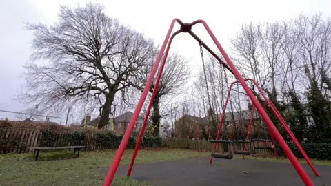 Stuart Woodward/BBC An oak tree, pictured next to a playing field. There is a set of red swings in the foreground and a bench to the left-hand side.