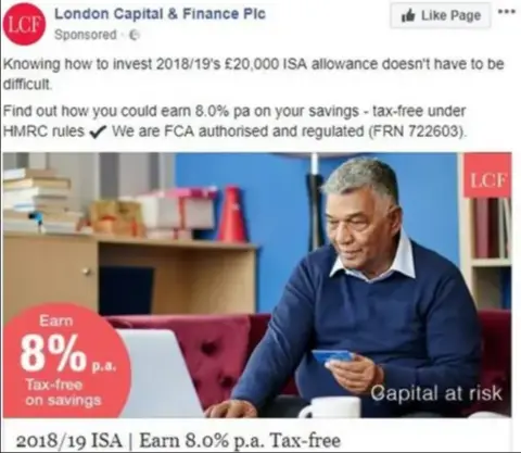 Facebook A facebook advertisement telling people they could earn 8% per annum tax free on savings by investing