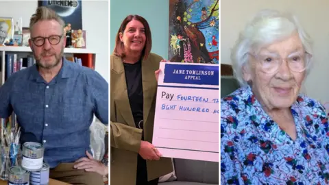 Three images side by side; on the left a man with thick black-rimmed glasses and a blue denim shirt, in the middle, a woman with short brown hair and a green blazer holds a large check, on the right an older woman with glasses and a white shirt with red roses.