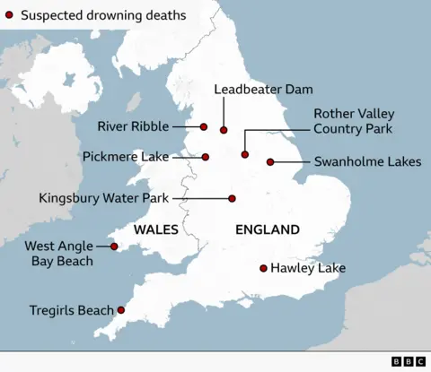 Map showing the locations where people have drowned in the water during the heat wave.