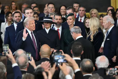 Getty Images A photo featuring the Trump famiy in the foregound and several tech CEOs in the background