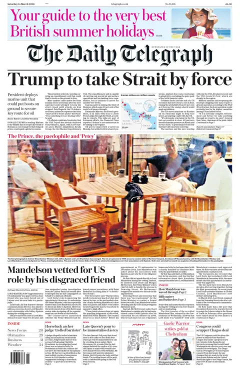 The headline on the front page of the Daily Telegraph reads: "Trump to take Strait by force."