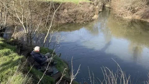 BBC A man with white hair sits on a grassy bank next to a river. There are lots of brown trees along the river bank. The water is brown