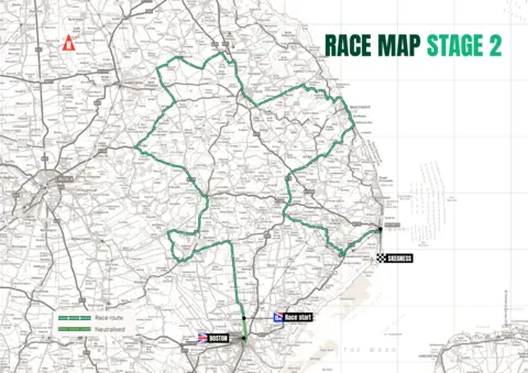 British Cycling A map of Boston and Skegness showing a route highlighted in green.