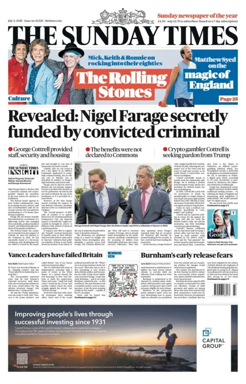 The headline on the front page of the Sunday Times reads: “Revealed: Nigel Farage secretly funded by convicted criminal”.