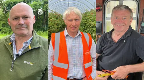 A composite image featuring three white men looking at the camera. The image on the left is a balding man with a green half-zip fleece. The central image is of a white-haired man wearing an orange high vis vest and a white chequered shirt. The right image is of a grey-haired man wearing a blue polo shirt.