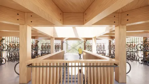 Fletcher Priest Architects First floor of Oxford North’s new landmark timber cycle pavilion