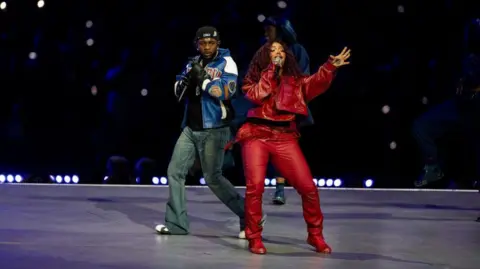 Getty Images Kendrick Lamar and SZA perform at the 2025 Super Bowl Half Time Show