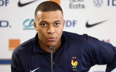 France forward Kylian Mbappe speaking at a news conference before his country's friendly with Luxembourg