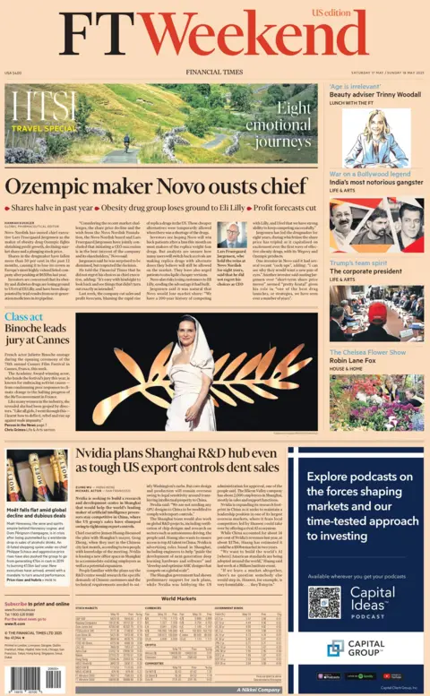 The front page of the Financial Times is headlined with "Ozempic maker Novo ousts chief".