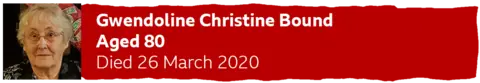 Red banner which says - Gwendoline Christine Bound - Aged 80 - Died 26 March 2020.
There is an image of a woman with short grey hair and glasses looking towards the camera.

