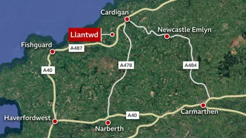 A map showing Llantwd on the western side of the Welsh coast.