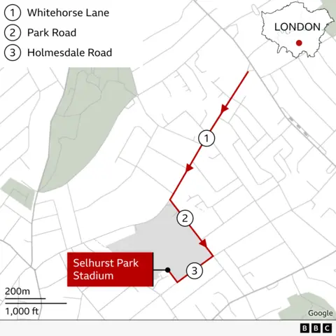 Map illustrating the route the victory parade will take along Whitehorse Lane, Park and and Holmesdale Road