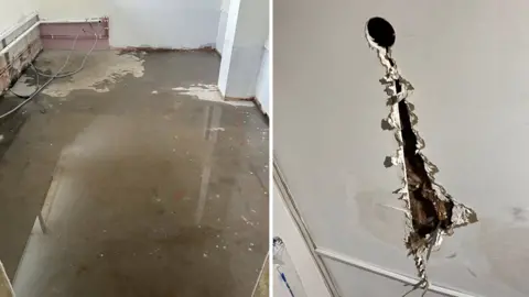East Boldre Village Hall Two adjacent images show a flooded floor in a room with exposed wires and pipes and a triangular gash in an interior wall.