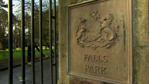 The gates and sign for Falls Park 