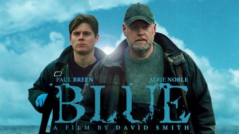 A poster for the film Blue showing actors Paul Breen and Alfie Noble as father and son fishermen