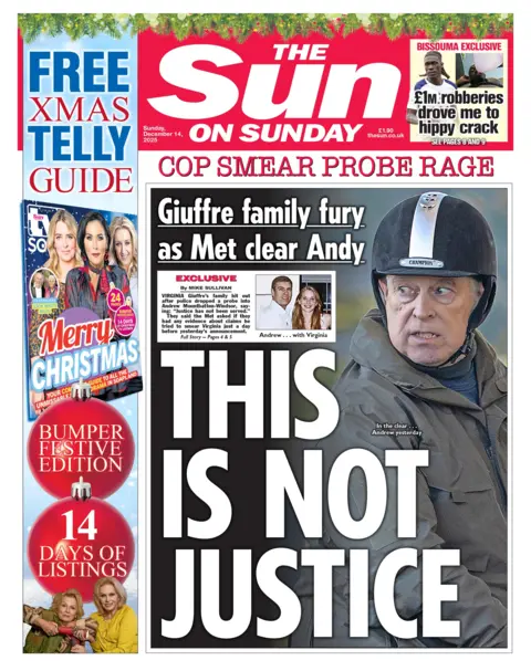 "Giuffre family fury as Met clear Andy: This is not justice" reads the headline on the front page of the Sun.