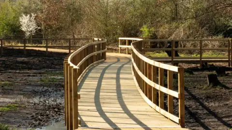 The Greensand Trust A close up of the new, fully accessible boardwalk. It has been built across a muddy field. 