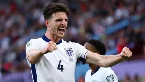 England's Declan Rice celebrates scoring their second goal.