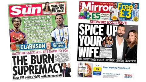 A composite of the front pages of the Sun and the Daily Mirror on 18 July 2026.