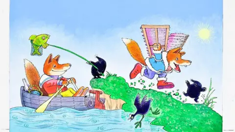 The Canterbury Auction Galleries /PA Wire A drawing of Basil Brush rowing a boat on a river and attempting to fly using mechanical wings.