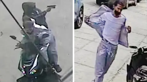CCTV footage of the two suspects on a moped, and a solo image of the driver. 
