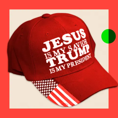 BBC A baseball cap emblazoned with the words: Jesus is my savior, Trump is my president