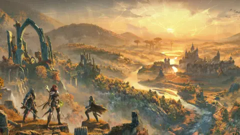 Bethesda A painting shows three characters wearing armour and holding swords standing on a high hill overlooking a vast landscape filled with forested areas and Medieval style buildings. In the distance a town featuring tall, turetted towers is visible. A sunset glow permeates the scene, adding to the fantasy quality.