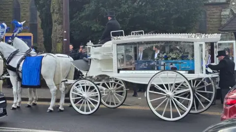 A white horse-drawn carriage, with two white horses pulling it, holds Leo's coffin, which is painted blue with artwork of games consoles on it.