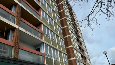 Windows and balconies of a rundown 1960s tower block in Gloucester, which is rising against the grey sky. Bare branches can be seen hanging down from a tree. The tower block is mostly brick with green cladding on the windows and glass and red cladding on the balconies.