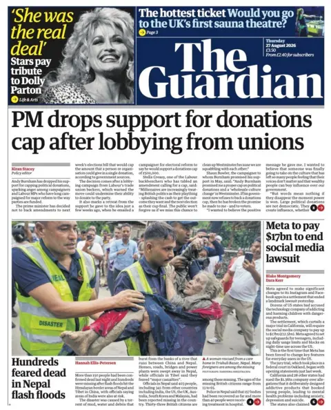 The headline on the front page of the Guardian reads: "Hundreds feared dead in Nepal flash floods."