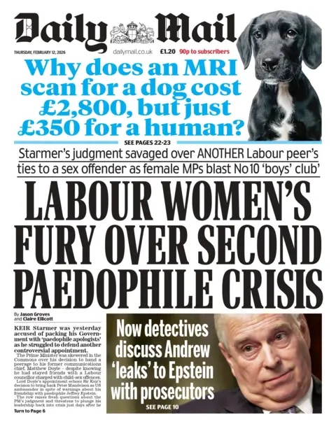 BBC "Labour women's fury over second paedophile crisis" reads the headline on the front page of the Daily Mail.
