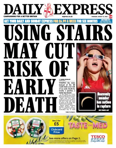 The headline on the front page of the Daily Express reads: "Using stairs may cut risk of early death."