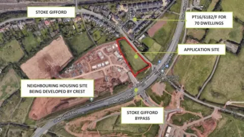 LDRS A map shows the location of 14 new proposed houses. Hambrook Lane and the Stoke Gifford bypass are shown, between which there is a piece of land highlighted in red where the new development would be.