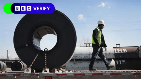 Getty Images An image of a construction worker walking in front of a huge circular roll of steel