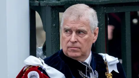 Prince Andrew looks to the left of camera while wearing regal looking attire