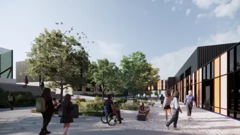 An artist's impression of the secondary school. A black building on the right with people walking in front of it There are trees on the left hand side, alongside benches and a man in a wheelchair.