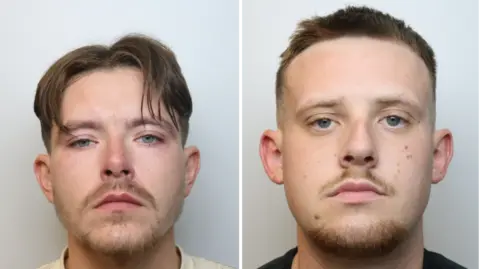 Two mugshots of Jake Stevens and Tyrone Richards. Richards has a curtain haircut and Stevens has blue eyes, a cropped haircut and a short beard and mustache