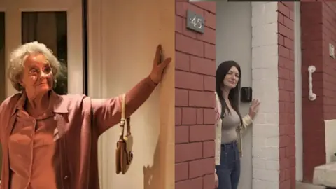 Two pictures side by side of two different women stood ouytside the same front door. On the left is an older woman wearing all pink. On the right is a woman with long brown hair wearing jeans, a brown top and cream cardigan.